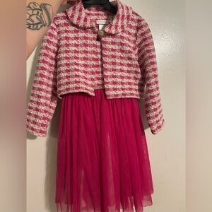 Pink and White Houndstooth Jacket with Pink Dress